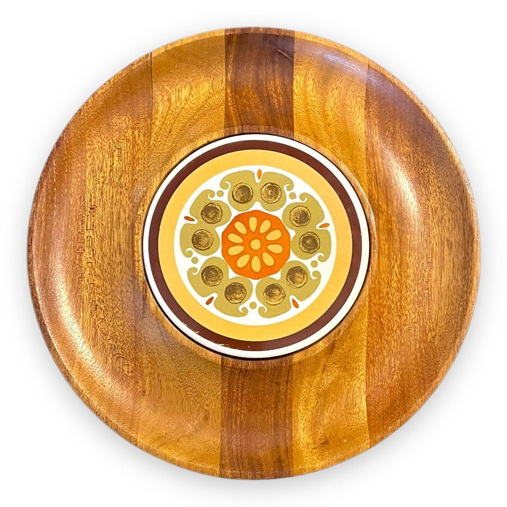 Dolphin Round 12” Trivet Tray Mod Flower Retro 70s MCM Teak Tile Cheese Cracker